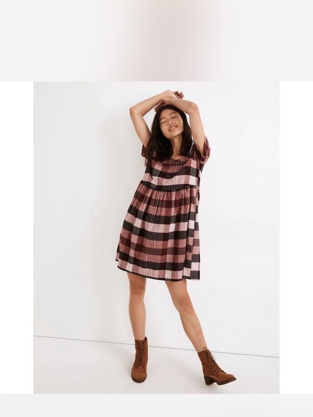 Madewell Pink & Black Plaid Babydoll Dress